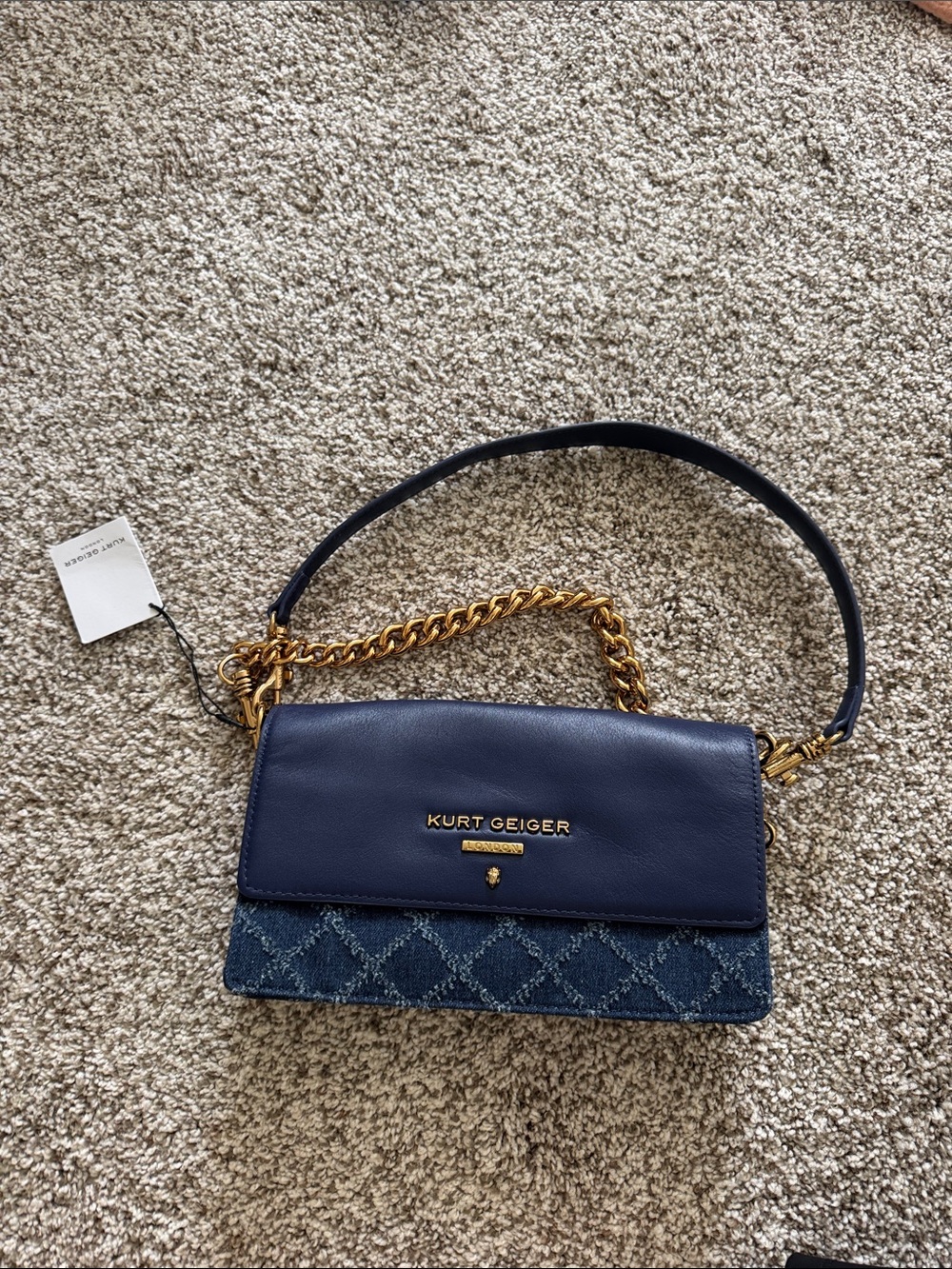 Kurt Geiger Navy Leather & Denim Crossbody with Gold Chain